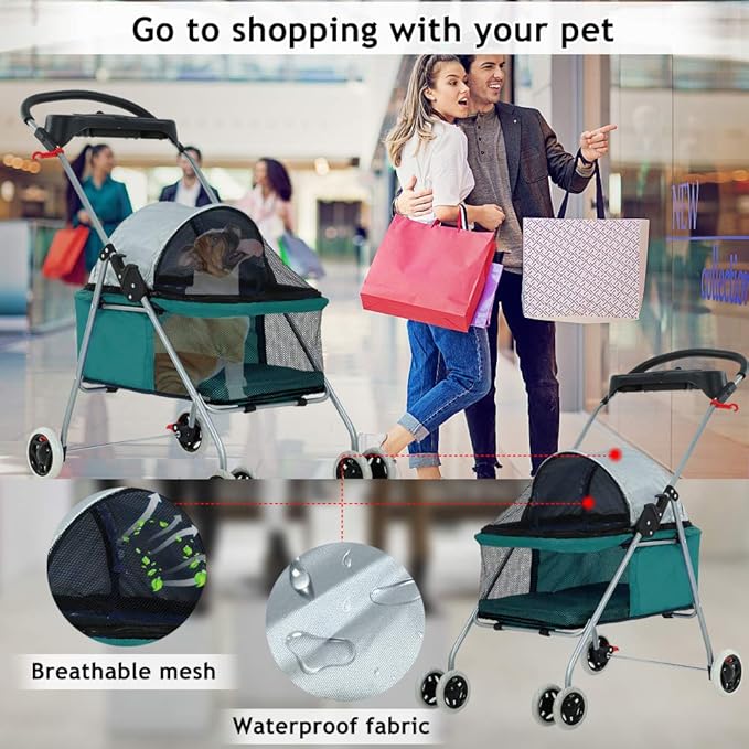 Dog Stroller Pet Stroller Cat Strollers Jogger Folding Travel Carrier Durable 4 Wheels Doggie Cage with Cup Holders 35Lbs Capacity Waterproof Puppy Strolling Cart for Small-Medium Dogs, Cats - Teal