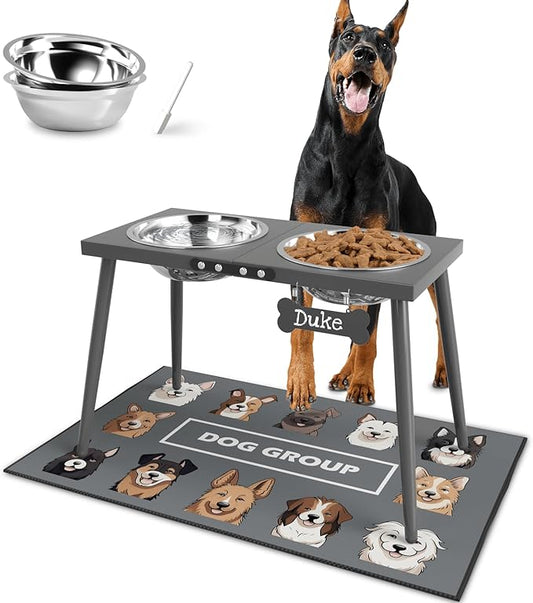 Elevated Dog Bowls for Large Extra Large Pet, Raised Dog Bowl Stand with Sprill Proof Mat and Bowls (2000ml/70oz), Pet Food & Water Bowl 15.5" Tall Dogs Feeder for Extra Large Breed, Grey
