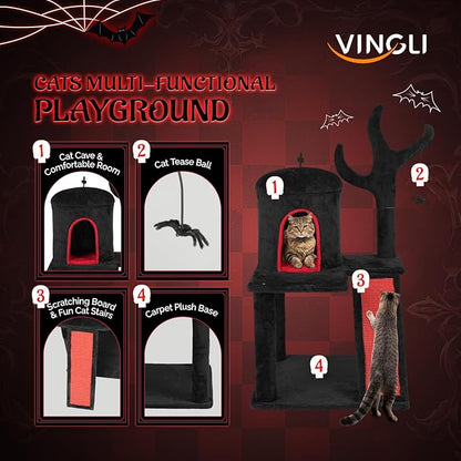 VINGLI 41.8in Gothic Cat Tree, Halloween Cat Tower for Indoor Cats with Dome Cat Condo, Branch Shaped Sisal Scratching Post, Ladder Scratcher & Hanging Spider Toy, Red & Black Cat Furniture