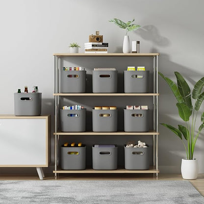 8 Pack Dark Grey Storage Bins with Lids Stackable Storage Container for Organizing, Storage Boxes with Handle for Shelves, Cute Organizer Bins for Craft, Snacks, 9.85x6.9x5.7 inch