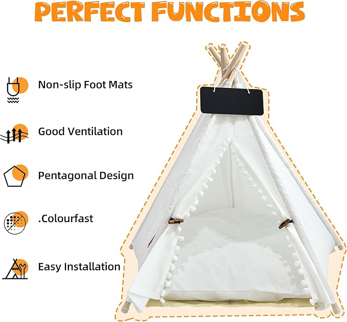 Pet Teepee, Portable Pet Tents for Small Dogs or Cats, Puppy Sweet Bed Washable Dog or Cat Houses with Cushion-White Flower Buds-M