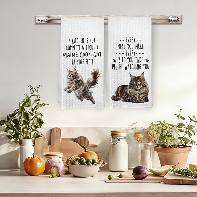 Funny Maine Coon Cat Kitchen Towels, Maine Coon Cat Mom Lady Lovers Gifts for Women Hand Towels, Gifts for Pet Lovers Dishcloths Dish Towel for Kitchen 16x24 Inches Set of 2