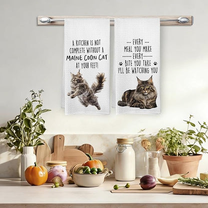 Funny Maine Coon Cat Kitchen Towels, Maine Coon Cat Mom Lady Lovers Gifts for Women Hand Towels, Gifts for Pet Lovers Dishcloths Dish Towel for Kitchen 16x24 Inches Set of 2