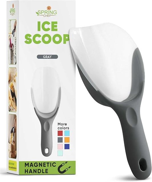 Spring Chef Gray Magnetic Ice Scoop for Freezer - Contoured Translucent Flexi-Plastic Ice Scooper with Comfortable Handle - Flour Scoop - Dishwasher Safe Scooper for Popcorn, Pet Food, Rice, Grain