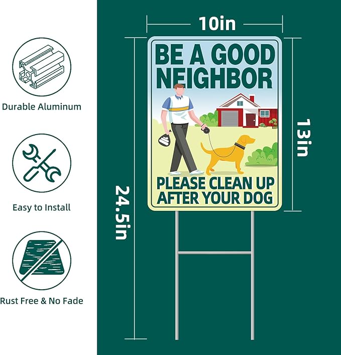 Clean UP After Your Dog Signs, 2-Pack 13"x10" Double-Sided Signs, Corrugated Plastic, H-Stake Metal Stakes, Dog Poop Signs for Lawn, Pick Up After Your Dog Sign