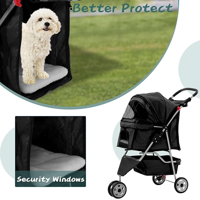 Pet Stroller for Small Medium Dogs & Cats,3-Wheel Breathable Compact Foldable Dog Carrier with Storage Basket, Outdoor Portable Lightweight Travel Stroller for Camping,Black