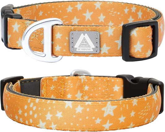 Fall Dog Collar, Cute Star Pattern Brown Collars for Girl & Boy,Reflective,Soft Padded Neoprene,Fully Adjustable,Durable & Lightweight Large Dog Collar, (Star, L)