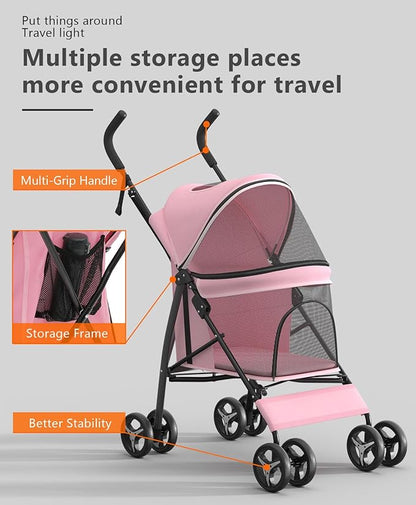 OS MOTOR Pet Stroller with 4 Wheels for Small/Medium Pets, Portable Travel Foldable Carrier Jogger for Dog Cat Puppy Kitty, Rear Wheel Breaks, Storage Basket, Visible Mesh with Weather Cover (Pink)