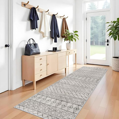 3x10 Runner Rug for Hallway: Washable Rug Runners Low Pile Rug with Rubber Backing Floor Mat Non Slip Moroccan Indoor Carpet for Kitchen Bedroom Entryway 3x10 Geo Grey