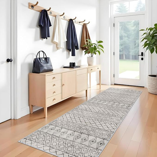 3x10 Runner Rug for Hallway: Washable Rug Runners Low Pile Rug with Rubber Backing Floor Mat Non Slip Moroccan Indoor Carpet for Kitchen Bedroom Entryway 3x10 Geo Grey