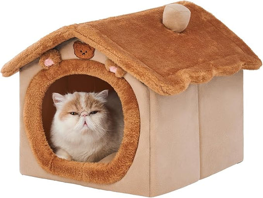 JIUPETY Cute Cat Beds for Indoor Cats, Foldable Cat House with Non-Slip Bottom, S Size Kitten Bed for 0-6 Lb Dogs and 0-8 Lb Cats, Brown