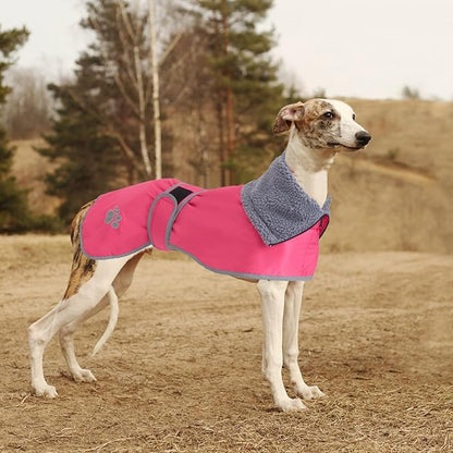 Geyecete Dog Winter Coat Geyecete Greyhound Raincoat Fabric with Lamb Velvet Inside Outdoor Dog Apparel with Adjustable Bands for Medium, Large Dog-Pink-XL