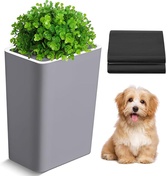 Jingmore Dog Poop Trash Can Outside 3.96 Gal/15 L Plant Styled Dog Waste Trash Can with Lid 50 Pcs Plastic Waste Bags Outdoor Indoor Poop Container Slim Garbage Bin for Yard Garden Pet (Gray)