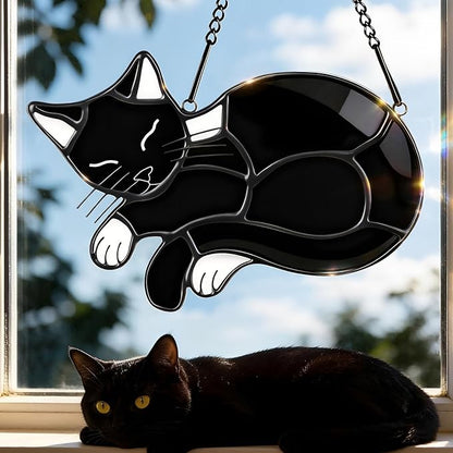 Black Cat Memorial Suncatcher,Handmade Stained Glass Window Haninging Ornament for Home Decor,Memorial Gifts for Pet Lovers,Pet Loss Sympathy Gift