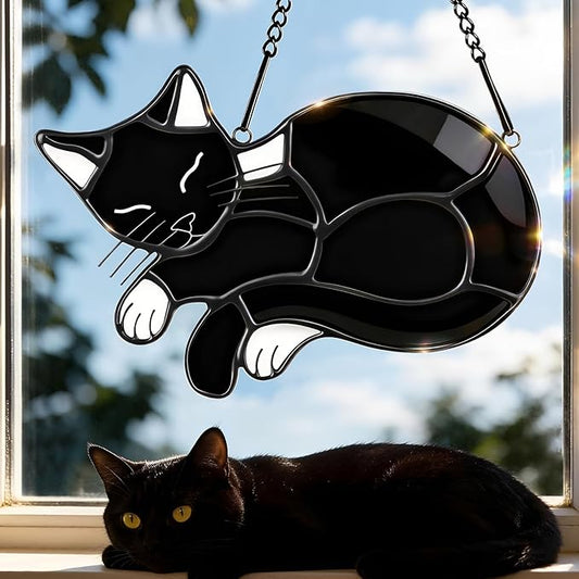 Black Cat Memorial Suncatcher,Handmade Stained Glass Window Haninging Ornament for Home Decor,Memorial Gifts for Pet Lovers,Pet Loss Sympathy Gift