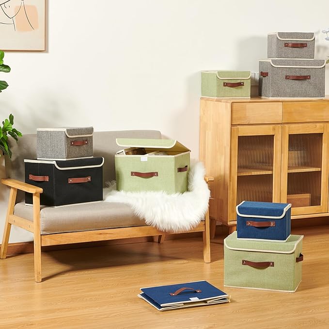 Storage Boxes with Lid Cotton Linen Fabric Storage Bins Organizer Container Decorative Collapsible Washable Shelf Baskets Faux Leather Handles for Home Bedroom Closet (Black, Small Size)