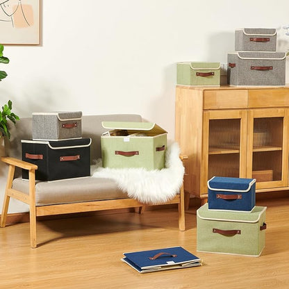 Storage Boxes with Lid Cotton Linen Fabric Storage Bins Organizer Container Decorative Collapsible Washable Shelf Baskets Faux Leather Handles for Home Bedroom Closet (Gray, Large Size)