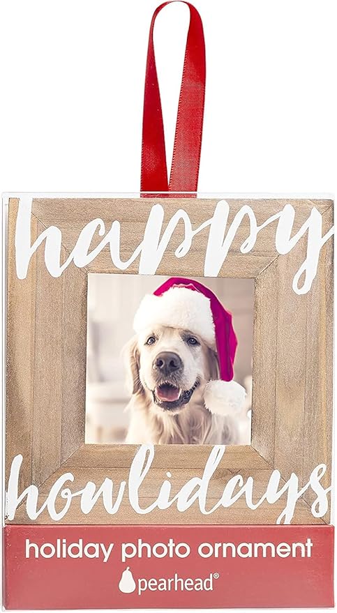 Pearhead Happy Howlidays Wooden Christmas Photo Ornament, Rustic Dog Picture Frame Christmas Tree Keepsake