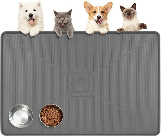 Lorvain 45" x 30" Cat Food Mat, Extra Large Silicone Pet Feeding Mat with Raised Edges, Pet Placemat for Cat Dog Food and Water Bowl Waterproof, Non-Slip, Easy to Clean, Floor Protection, Dark Grey