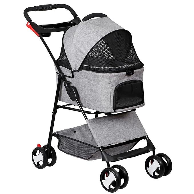 4 Wheels Dog Stroller Folding Pet Strolling Cart for Small Medium Cats Puppies with Storage Basket Cup Holder Detachable Carrier, Gray