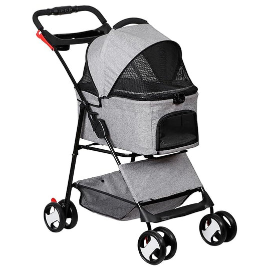 4 Wheels Dog Stroller Folding Pet Strolling Cart for Small Medium Cats Puppies with Storage Basket Cup Holder Detachable Carrier, Gray
