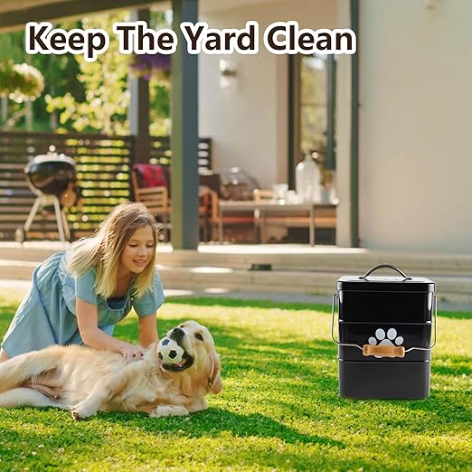Small Dog Poop Trash Can Outside,1.5Gal/6L Metal Dog Waste Trash Can with Lid/Filter/Handle,Pet Waste Container Bucket with 75 Trash Bags-Black