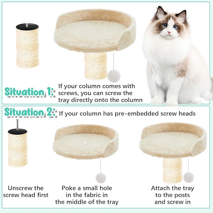 Dansydaisy 2 Pcs 13.39 Inches Semi Edged Cat Tree Replacement Parts Cat Tree Tower Accessories with Hanging Elastic Strings Pom Pom Toys and M8 Screw for Platform Perch Shelves(Creamy White)