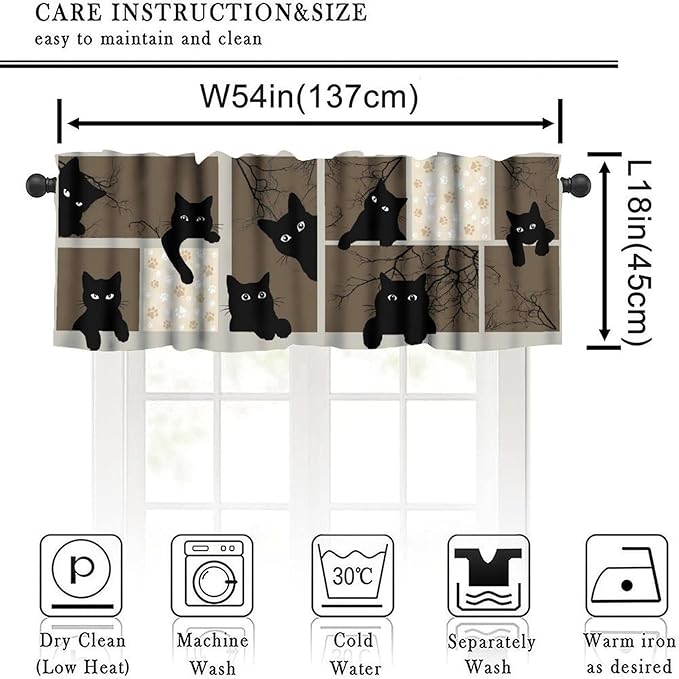 Cat Valances Curtain for Kitchen, Funny Black Cat Branches Brown Pattern Window Treatment Valances Short Curtains Rod Pocket Drape for Dining Room Home Farmhouse Decor, 54x18inch