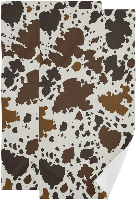 2 Pack Brown Cow Print Hand Towels for Bathroom,Soft Absorbent Rustic Cowhide Farmhouse Animal Skin Pattern Kitchen Towels,Cow Hide Decorative Guest Bathroom Towels for Face,Shower,Gym 14"x28"