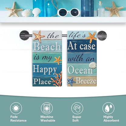 The Beach is My Happy Place Kitchen Dish Towels Set of 2, Coastal Ocean Starfish Shell Coral Drying Hand Towel Baking Cooking Cloth, Farmhouse Beach House Sea Home Decoration 18 x 26 Inches