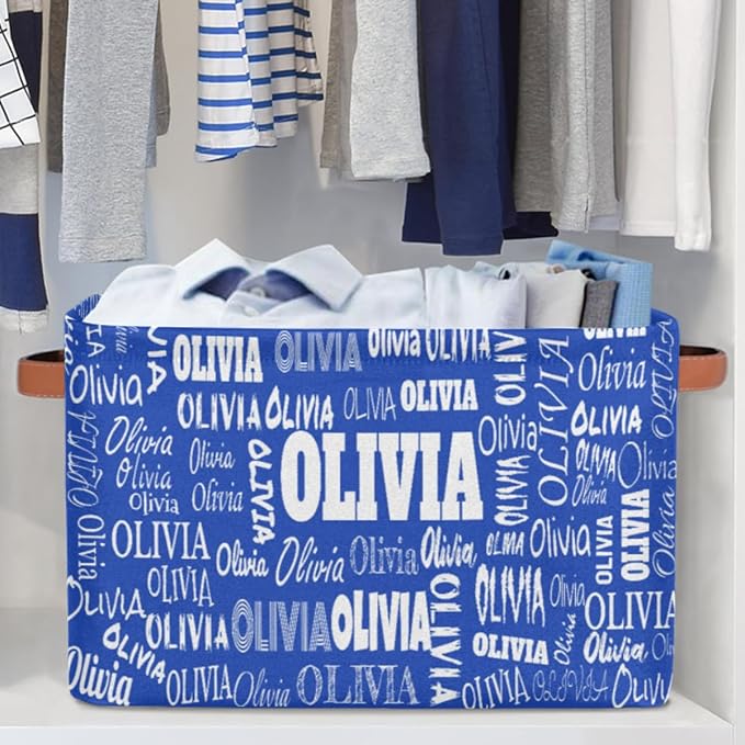 Personalized Kids Toy Box with Name, Custom Nursery Baskets Cubes Box, Kids Custom Storage Basket Laundry Baskets Organizer with Handles, Royal Blue Background