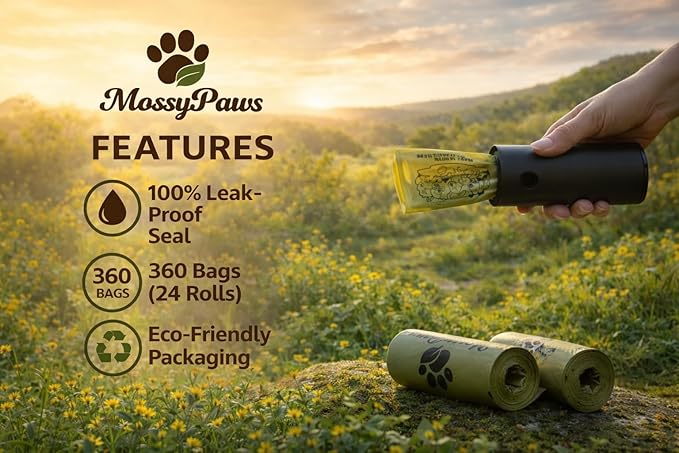 MossyPaws Biobased Dog Poop Bags – 360 Count (24 Rolls) – Plant-Based, Leak-Proof, Durable – Eco-Friendly Pet Waste Bags with Recyclable Packaging – 9x13 Inch – Fits All Dispensers