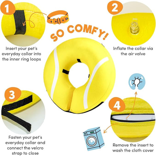 BENCMATE Inflatable Dog Cone Collar Alternative, Soft Dog Cone for Small Medium Large Dogs and Cats, Neck Recovery ECollar Donut Collar After Surgery (Small, Tennis)