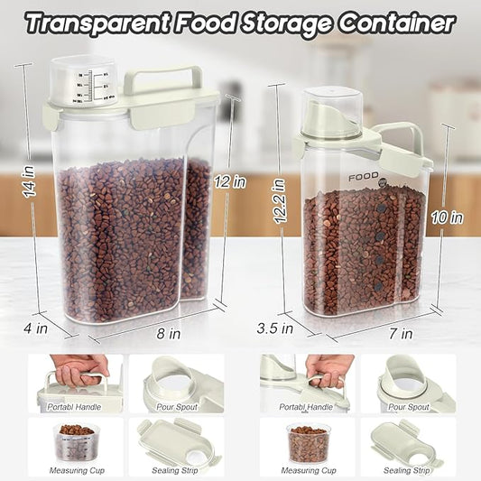 8-12 LBS Cat Dog Pet Food Storage Container, Plastic Dispenser Upgraded Large Nozzle, BPA-free, With Sealed Clasps, Measuring Cup and Handle, Easy to Clean and Carry -2 Packs Beige