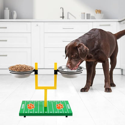 NCAA Clemson Tigers Goalpost Football Field Dog Feeder – Adjustable Elevated Dog Bowls with Stand, 2 Stainless Steel Bowls, Non-Slip Rubber Feet, Raised Pet Feeder for Large & Small Dogs
