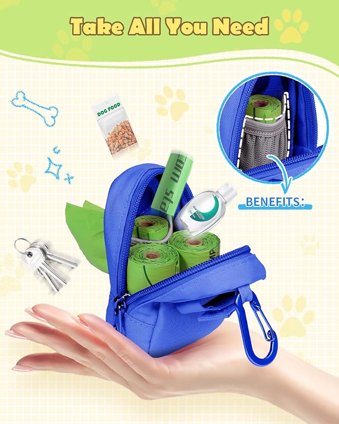 Dog Poop Bag Holder for Various Leashes,Hands Free Dogs Bag Holder with Hook loop/Carabiner Clip,Dogs Poop Bags Rolls Holder-Large Capacity,Dog Walking,Blue