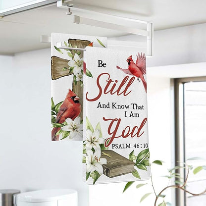 Christian Cardinal Kitchen Dish Towels Set of 2, Religious Cross Red Birds Drying Hand Towel Baking Cooking Cloth, Lily Flowers Holy Bible Home Decoration 18 x 26 Inches