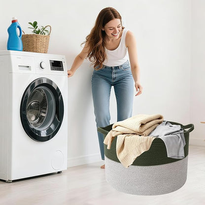 115L Large Blanket Basket,23.6" L x 23.6" W x 15.7" H Rope Woven Baskets with Handles, Toys Storage Bins,Laundry Basket Perfect for Living Room, Nursery,Bedroom,Home Organization,Green&White
