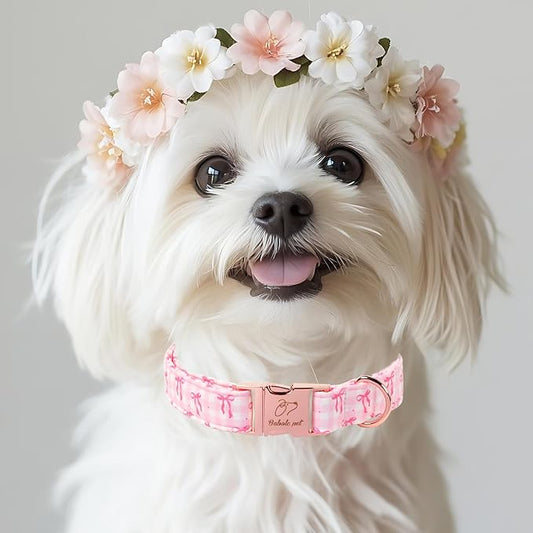 Girl Dog Collar, Sweetheart Girly Pink Bow Dog Collars, Adjustable Heavy Duty Spring/Summer Female Dogs Collar for Small Medium Large Dogs with Metal Buckle L