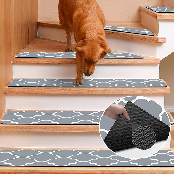 Rubber Carpet for Stairs, 15 Pack Non Slip Stair Treads Indoor for Wooden Steps, 30x8 Inch Reusable Staircase Runner Safety Step Carpet Treads for Wood Stairs, Lantern Grey