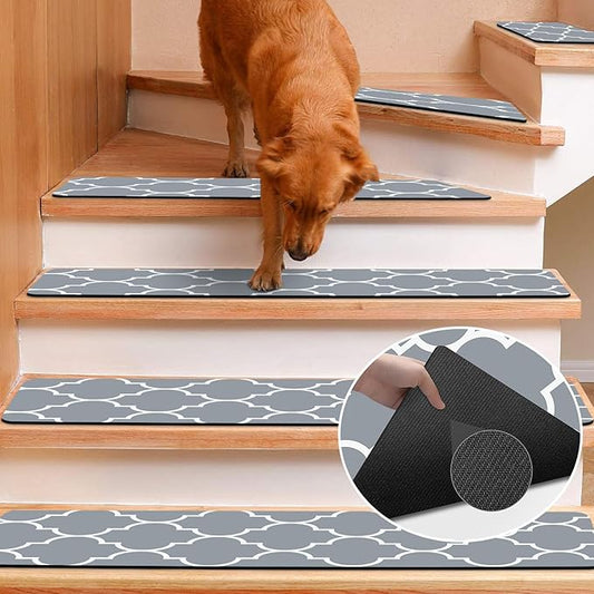 Rubber Carpet for Stairs, 15 Pack Non Slip Stair Treads Indoor for Wooden Steps, 30x8 Inch Reusable Staircase Runner Safety Step Carpet Treads for Wood Stairs, Lantern Grey