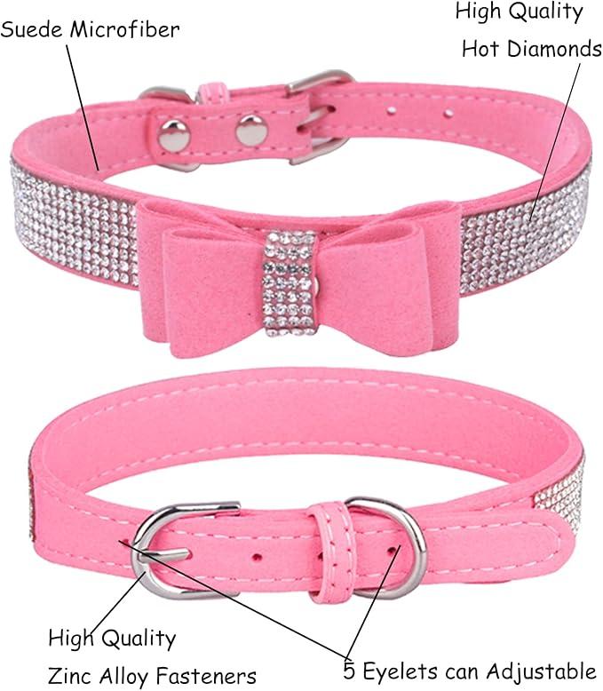 Bling Dog Collar for Small Medium Large Dogs, Crown Rhinestone Dog Collars for Girl and boy Dog, Diamond Puppy Collars, Adjustable Leather Suede SOFE Cat Collar (XS(8.2"-10.6"/21CM-27CM), Pink3)