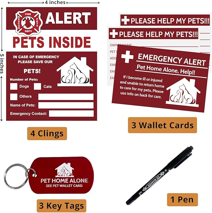 Pets Alert Sticker - Safety Alert for Pets Inside - 4 Pack with Wallet Card & Key Tag