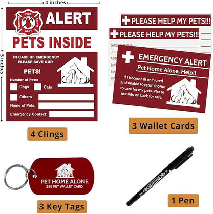 Pets Alert Sticker - Safety Alert for Pets Inside - 4 Pack with Wallet Card & Key Tag
