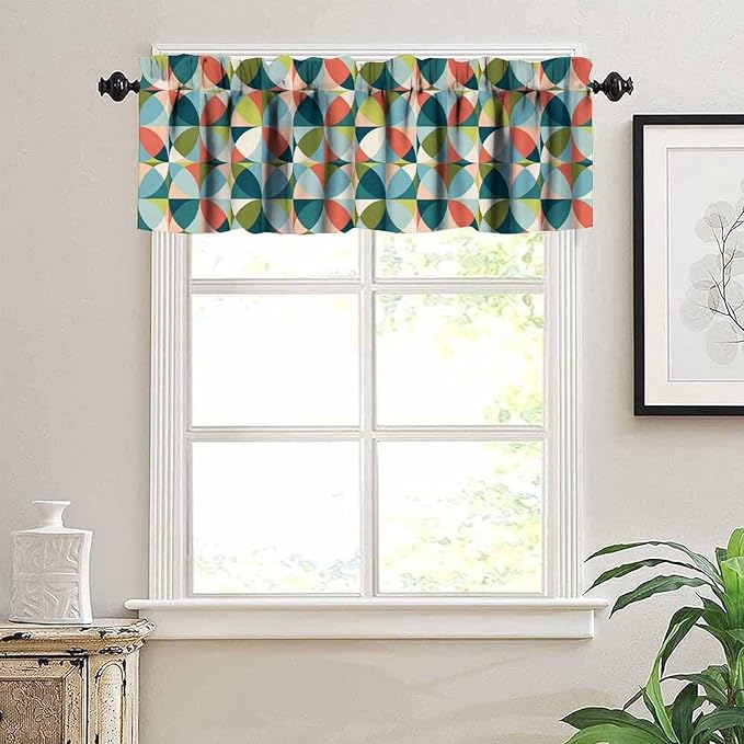 Mid Century Curtain Valance, Retro Abstract Geometric Circles Boho Vintage Classic Minimalist Window Valance Curtains for Farmhouse Bedroom Living Room Kitchen 54x18inch