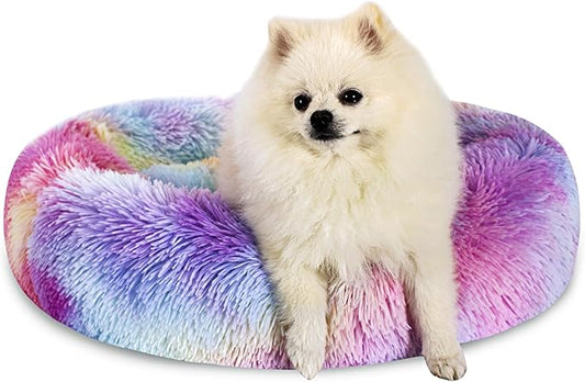 Calming Dog Bed for Small Dogs Cats, Kitty Puppy 23'' Round Anti-Anxiety Warm Fluffy Plush Faux Fur Bed, Soft Anti-Slip Donut Washable Small Pet Bed, Cozy Cat Puppy Bed, Fits up to 30 lbs Pets