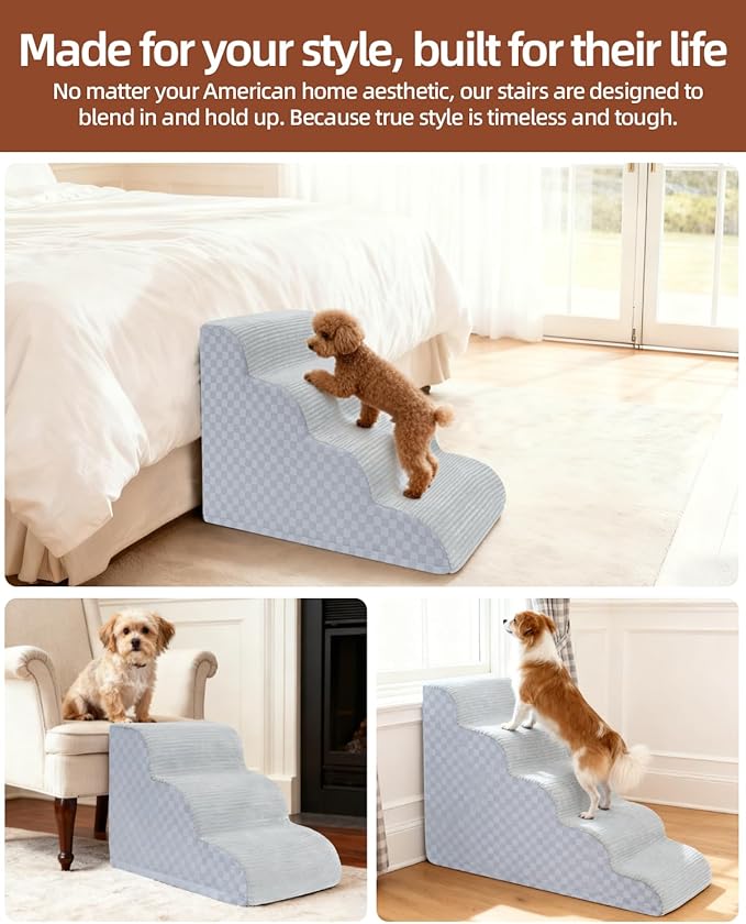 Dog Stairs Curved Ramp for Small Dogs 19.5" H, 4-Step Pet Stairs for Couch Bed with High Density Foam, Dog Slope Stairs with Durable Non-Slip Bottom Grey