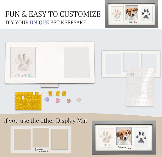 MYPAWLETS Paw Print Frame Kit,Dog/Cat Paw Print Kit,Soft Pawprint Clay&Clean Touch Ink Pad,Pet Paw Print Impression Kit with Customization Tool,Wooden Pet Memorial Frame,DIY Dog Lover Gifts-Grey