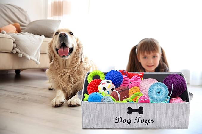 Geyecete Foldable Fabric Dog Toy Storage Box - Collapsible Basket with Handle, Organizer for Large Dog Toys (Slub Gray-DOG)