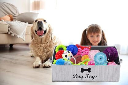 Geyecete Foldable Fabric Dog Toy Storage Box - Collapsible Basket with Handle, Organizer for Large Dog Toys (Slub Gray-DOG)